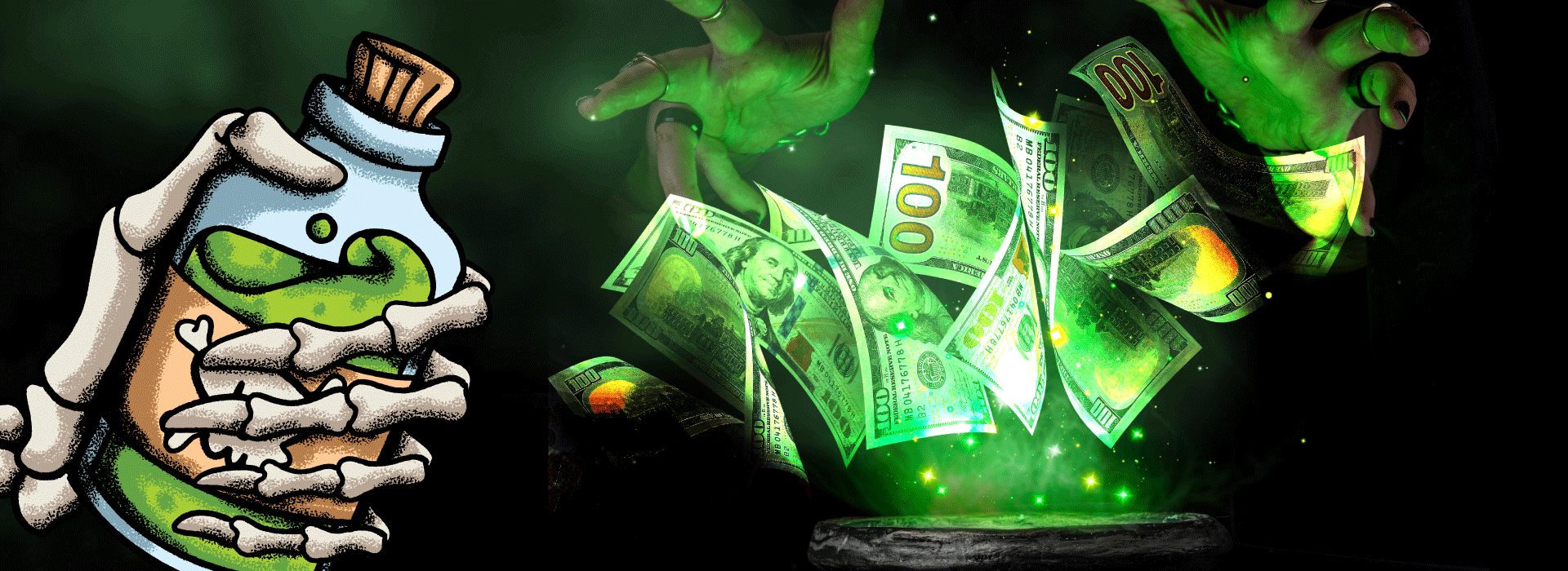 Glowing cauldron with flying $100 bills and potion bottle