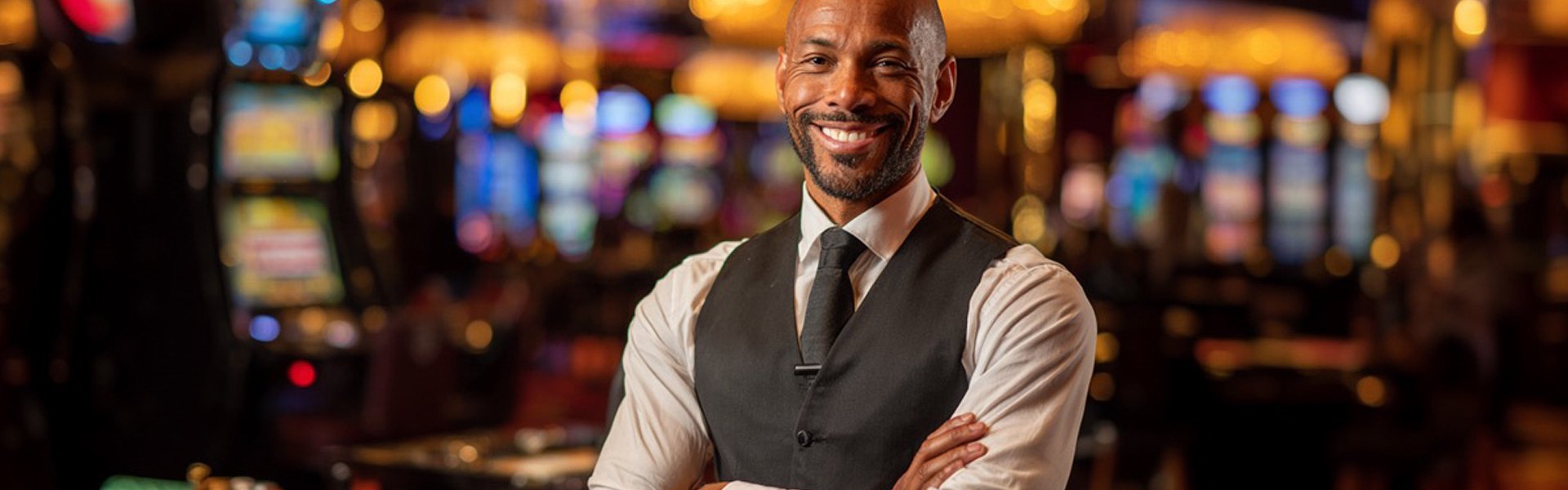 Happy Valley Casino employee standing with arms crossed in front of colorful slot machines in State College, Pennsylvania.