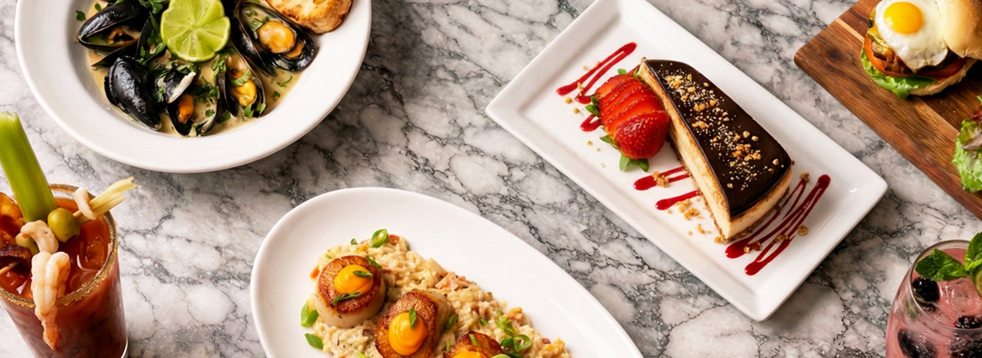 Arrangement of different plates of food on a marble table top.