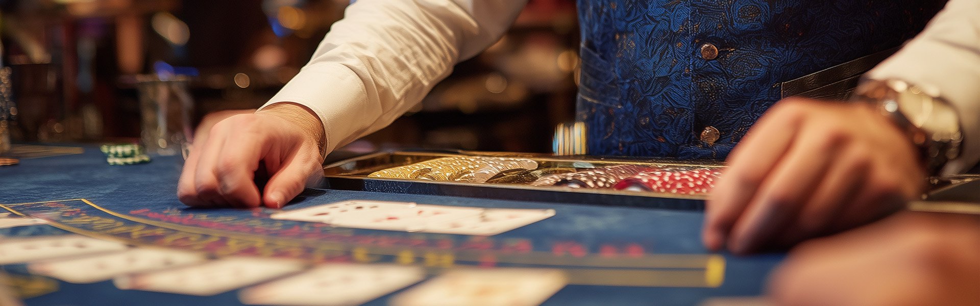 Happy Valley Casino dealer handling cards and chips on a blue table in State College, Pennsylvania.
