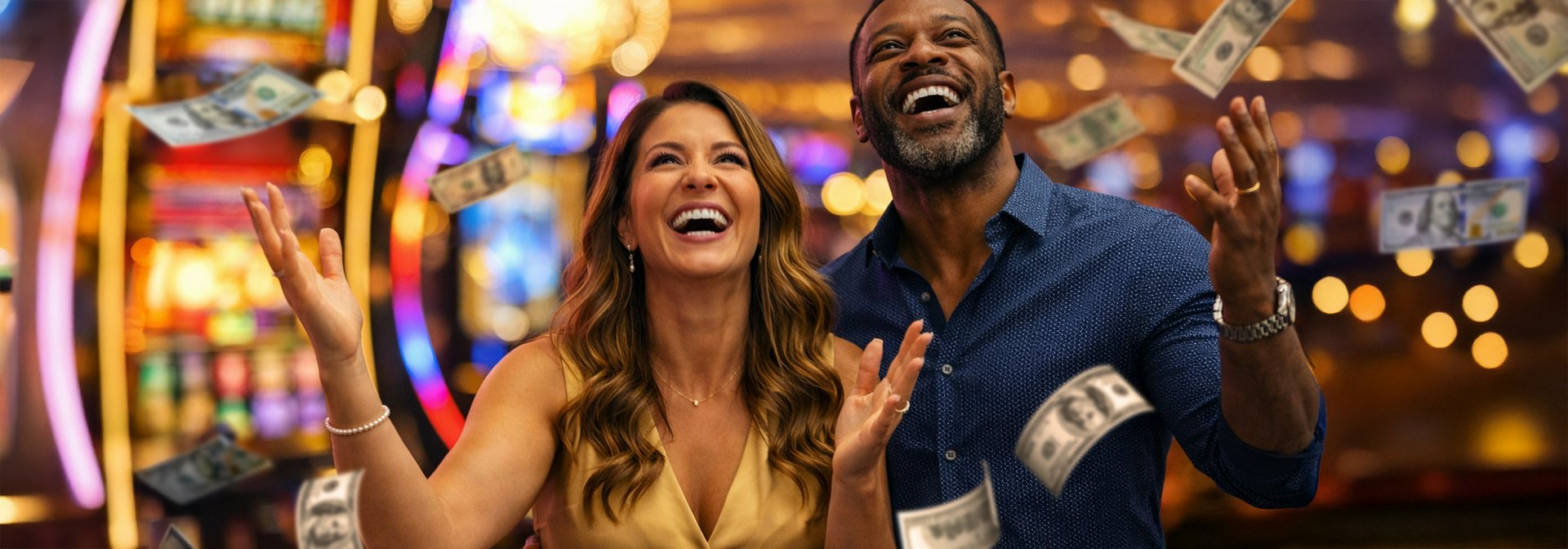 A man and woman smiling with slot machines in the background and money flying in the air.