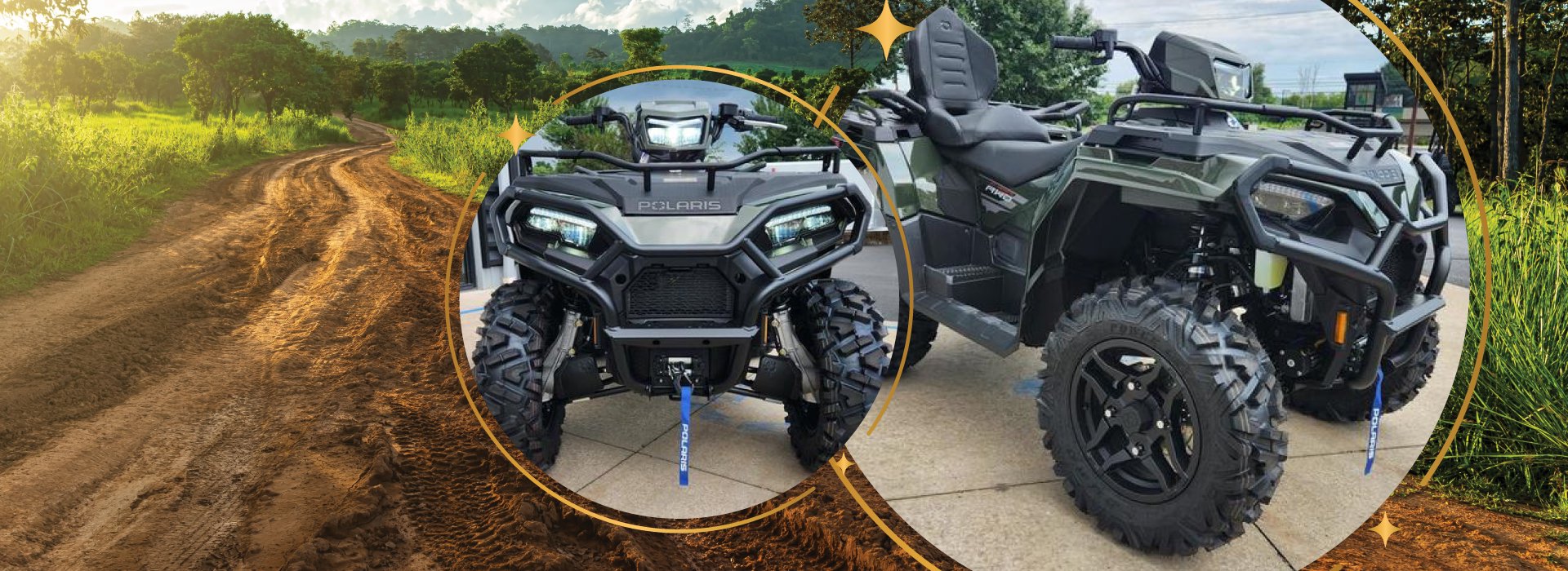 Polaris ATV showcased on a rugged off-road trail backdrop with close-up front and side views.