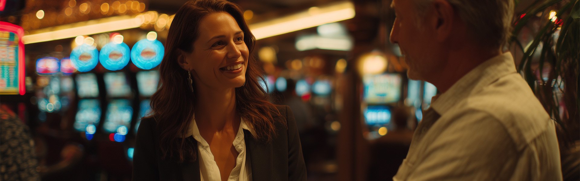 Happy Valley Casino employee talking with a guest in front of illuminated slot machines in State College, Pennsylvania.